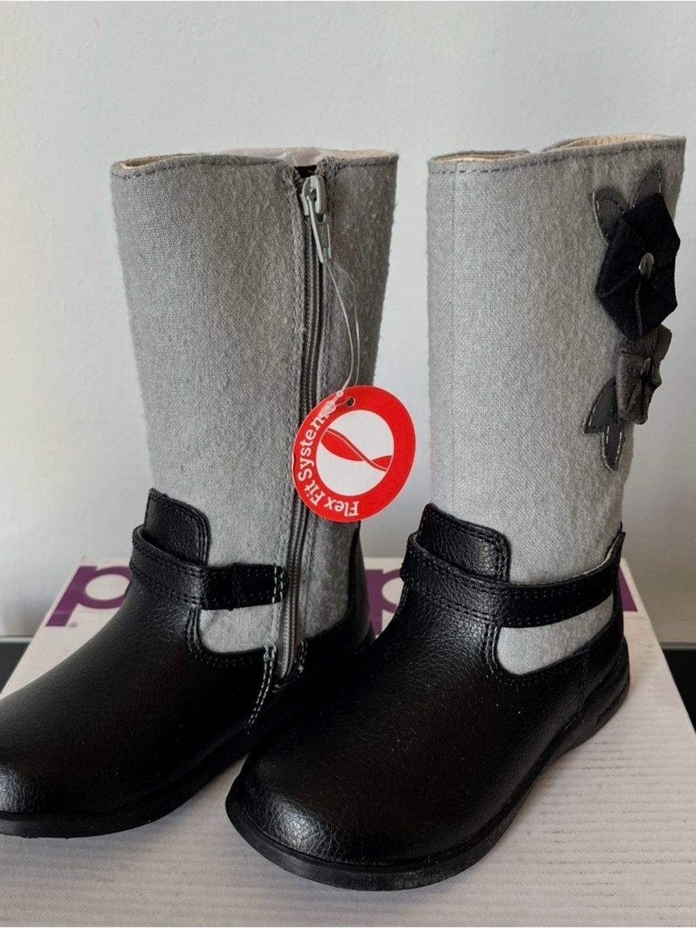 pediped Grey and Black Girls' Mid-Calf Boots with Flower Accent
